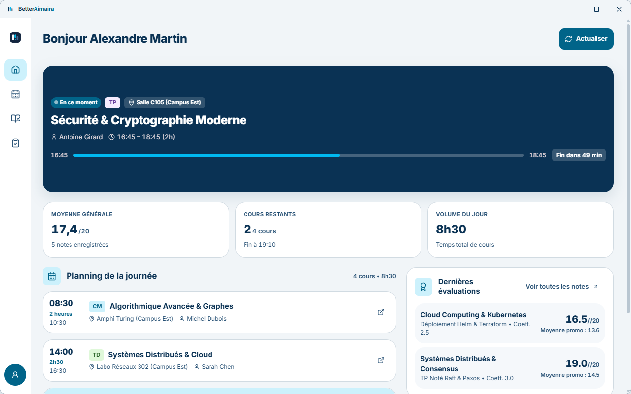 Écran Aujourd’hui de BetterAimaira : le cours en cours avec sa salle, son décompte et l’heure de dernière synchronisation.